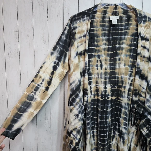 Soft Surrounding Women's Tan Black Tie Dye Fringe Drape Cardigan Size Medium. - Picture 5 of 10